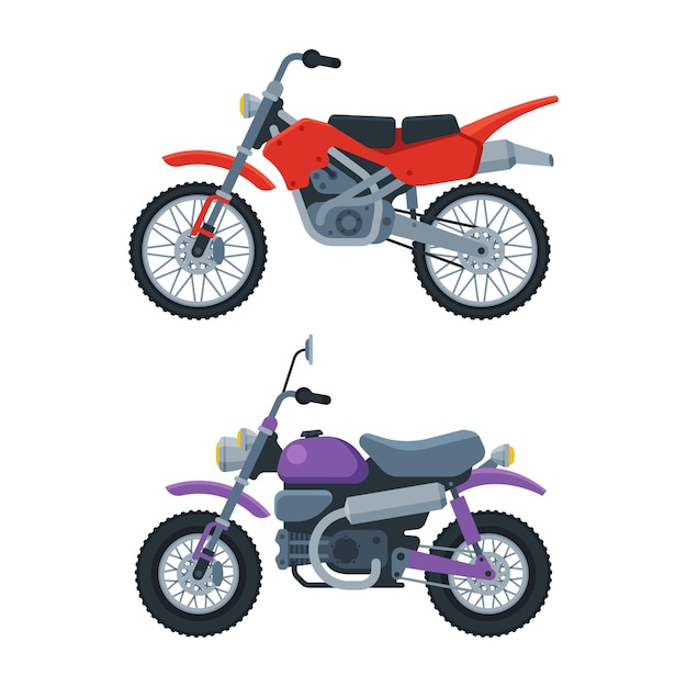 Conjunto vectorial de vista lateral de motocicleta o motocicleta como vehículo de motor de dos ruedas