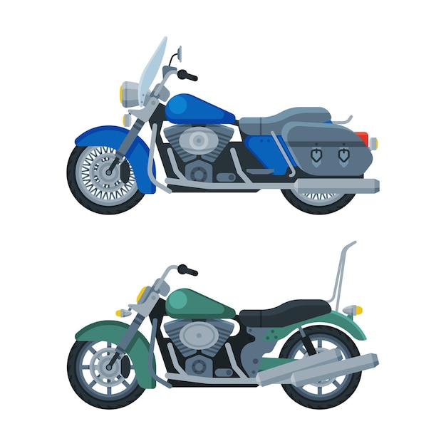 Conjunto vectorial de vista lateral de motocicleta o motocicleta como vehículo de motor de dos ruedas