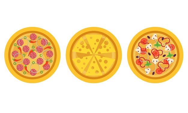 Conjunto vectorial de vista superior de la pizza caliente y redonda y sabrosa
