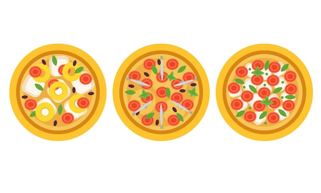 Conjunto vectorial de vista superior de la pizza caliente y redonda y sabrosa