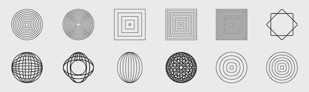 Conjunto vectorial de Y2K Gran colección de objetos geométricos gráficos abstractos Marcos inspirados en el brutalismo