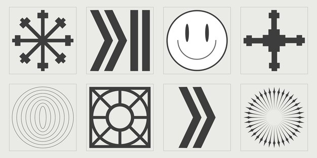 Conjunto vectorial de Y2K Rave psicodélico retro conjunto futurista Plantillas para carteles de notas