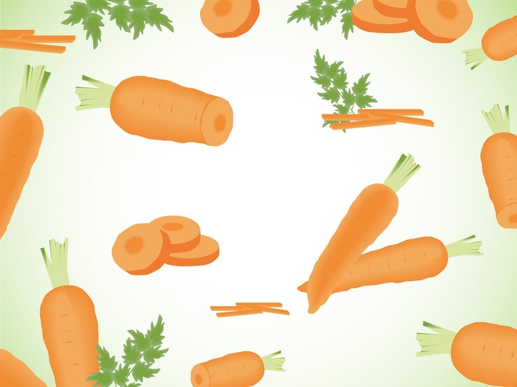 Conjunto vectorial de zanahoria naranja caída con hojas verdes rebanadas voladoras de zanahorias