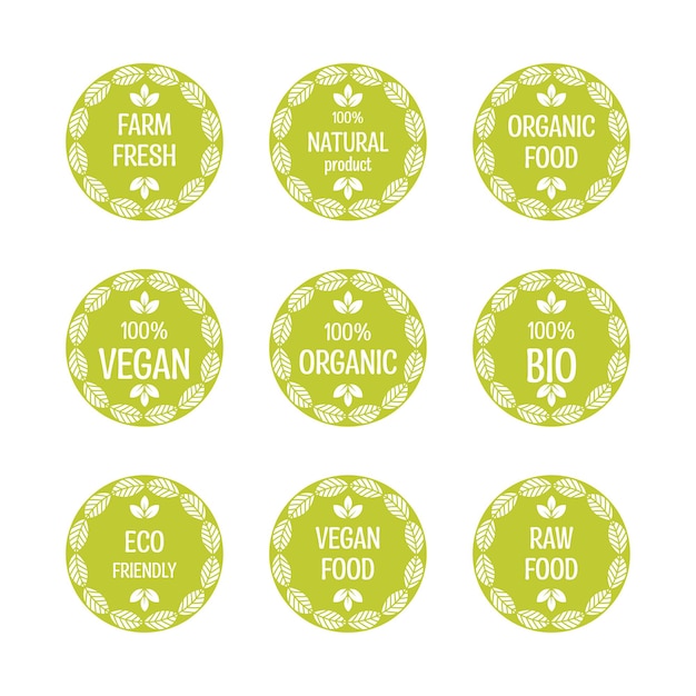 Un conjunto de veganos eco bio orgánicos saludables 100 por ciento productos naturales pegatinas Alimentos orgánicos