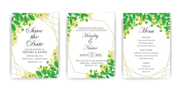 Conjunto de vegetación y diseño de plantilla de tarjeta de invitación de boda dorada de hojas tropicales.