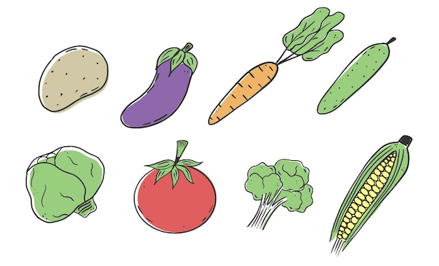 conjunto, de, vegetales, en, garabato, estilo, pepino, zanahoria, maíz, brócoli, patata, tomate, berenjena, col
