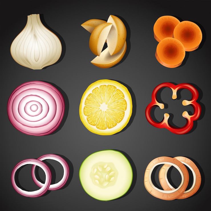 Vector un conjunto de vegetales en rodajas