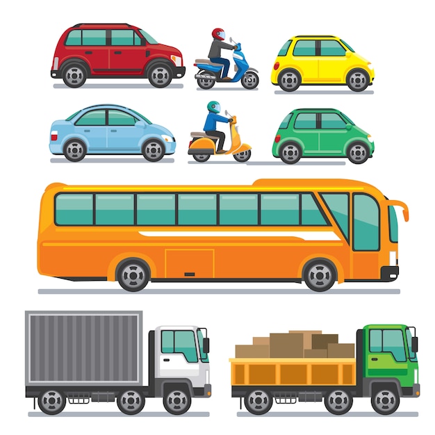 Conjunto de vehículos. Auto, mtorbike, bus y camión
