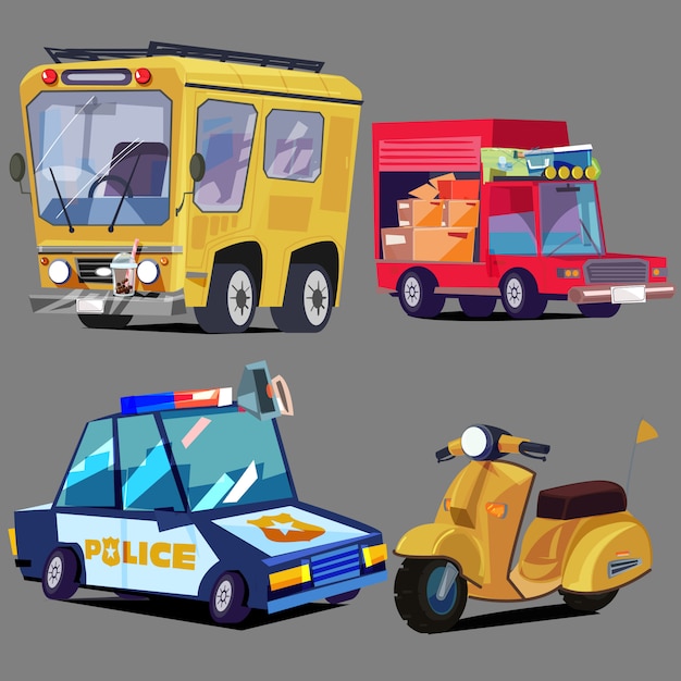 Conjunto de vehículos. autobús, camión, coche de policía, scooter - vector