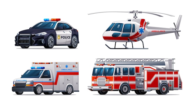 Conjunto de vehículos de emergencia coche de policía camión de bomberos ambulancia coche y helicóptero ilustración vectorial