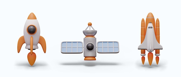 Vector conjunto de vehículos espaciales satélite de cohete espacial con paneles solares transbordador