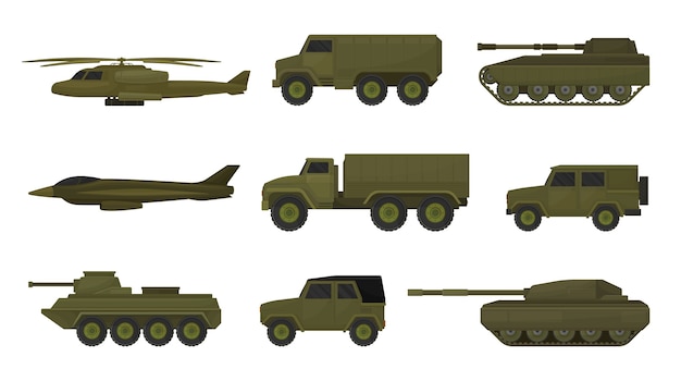 Conjunto de vehículos militares aislado en blanco
