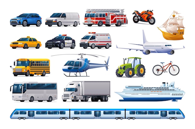 Vector conjunto de vehículos de transporte varios tipos de vehículos ilustración de dibujos animados vectoriales