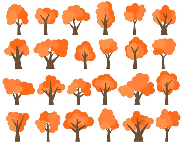 Conjunto de veinticuatro árboles rojos de dibujos animados diferentes aislados sobre fondo blanco. Ilustración vectorial
