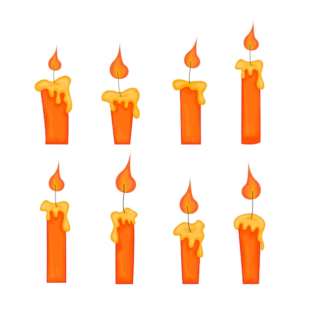 Conjunto de velas amarillas con llamas en estilo de dibujos animados