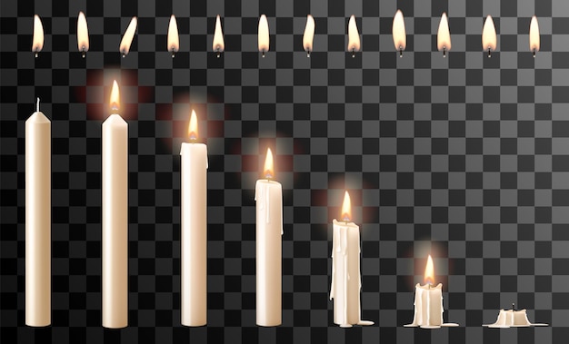 Conjunto de velas blancas realistas que arden y llamas de fuego con mechas de diferentes formas aisladas en
