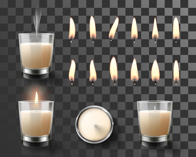 Conjunto de velas de cera en candelabro de vidrio y luces de velas llamas de diferentes formas aisladas