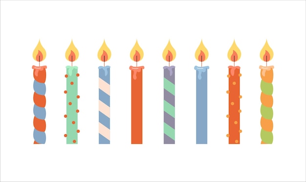 conjunto, de, velas, cera, caricatura, plano, vector, feliz cumpleaños, aniversario, encendido, con, un, llama, velas, conjunto