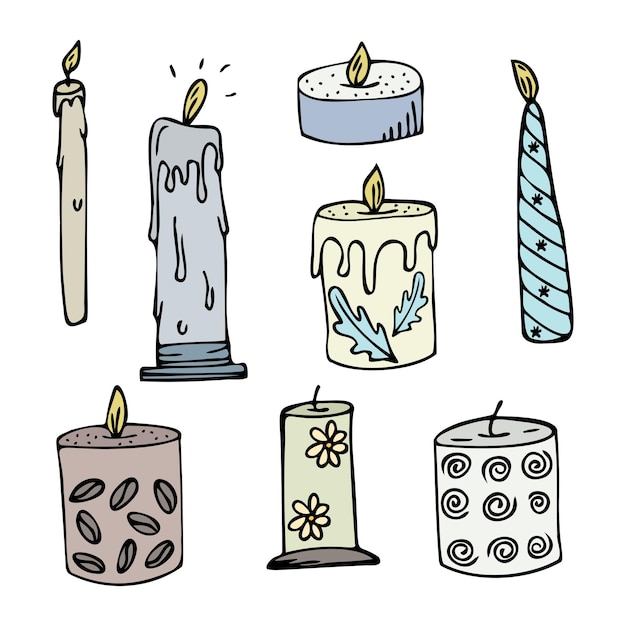 Conjunto de velas dibujadas a mano aislado sobre un fondo blanco.