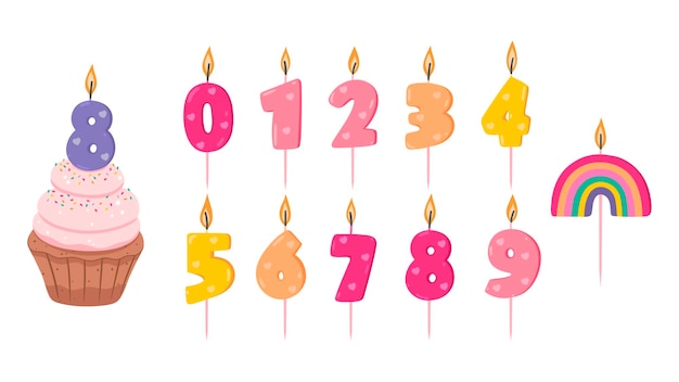 Conjunto de velas encendidas aisladas en forma de número para celebración Un cupcake con una vela en forma de número Una vela en forma de arco iris Gráficos vectoriales