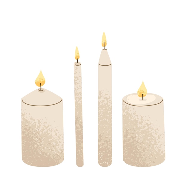 Conjunto de velas encendidas de diferentes formas Creación de una atmósfera acogedora y romántica en la casa Decoración interior y aromaterapia Ilustración vectorial aislada sobre un fondo transparente
