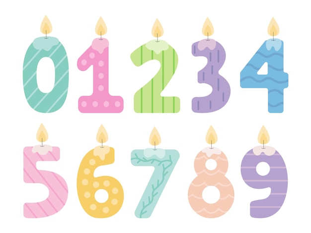 Conjunto de velas en forma de número ardientes para fiestas de cumpleaños Colección vectorial de velas de forma de número