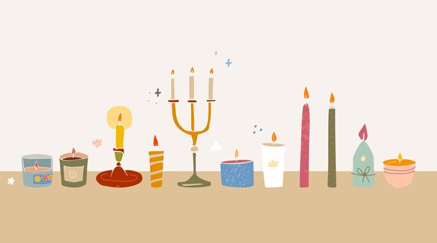 Conjunto de velas mágicas, linda ilustración dibujada a mano