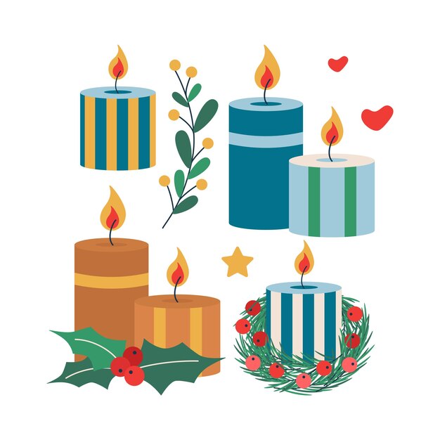 Conjunto de velas de Navidad bayas y hojas de muérdago