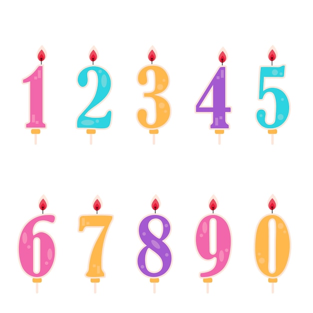 Conjunto de velas de pastel de cumpleaños numéricos con luz Diseño vectorial plano para tarjetas de invitación de aniversario