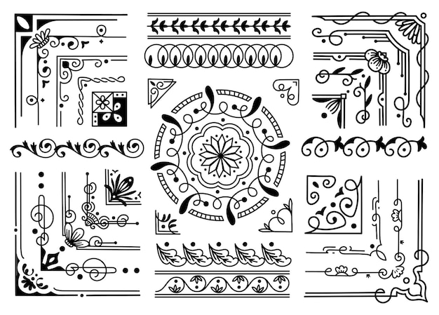 conjunto, de, vendimia, decorativo, frontera, y, marco, elemento, vector, ilustración