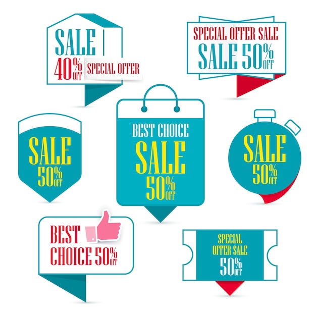 Vector conjunto de venta de oferta especial etiqueta turquesa venta y puntero de promoción de descuento en el día de compras