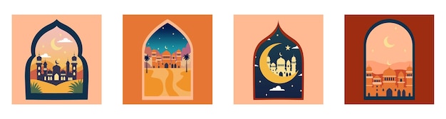 Vector conjunto de ventanas y arcos islámicos con cúpula de mezquita de luna y paisaje desértico de estrellas en estilo oriental