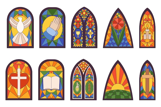 Vector conjunto de ventanas arqueadas teñidas de la iglesia iconos aislados gafas de mosaico de la catedral con símbolos espirituales paloma cruzada