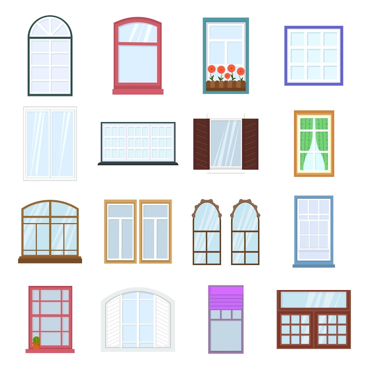 Vector conjunto de ventanas coloridas construcción de casas ventanas interiores de varias formas diseño de arquitectura