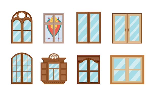 Vector conjunto de ventanas de diferentes formas, materiales y colores.