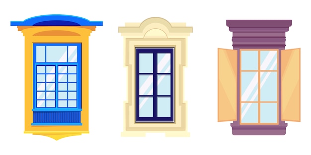 Vector conjunto de ventanas en estilo de dibujos animados. hermosos elementos de la arquitectura.