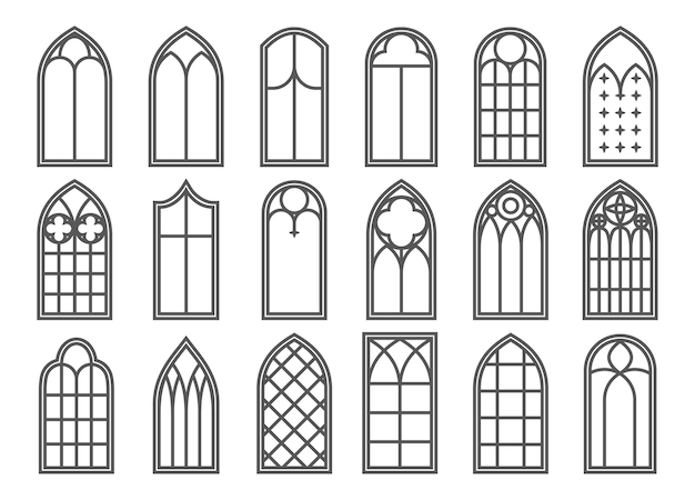 Conjunto de ventanas medievales de la iglesia ilustración de esquema de elementos de arquitectura de estilo gótico antiguo