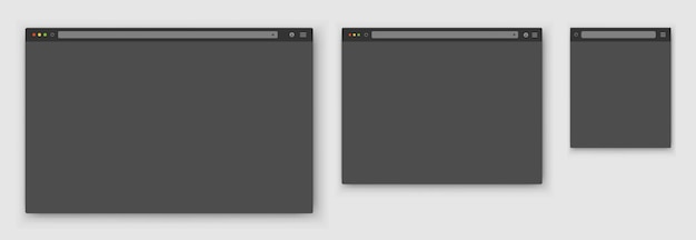 Un conjunto de ventanas de navegador grises vacías realistas de diferentes formas con una barra de herramientas una barra de búsqueda y un