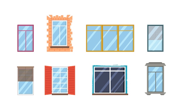 Conjunto de ventanas de plástico transparente de vidrio realista con alféizares. Edificio de diseño arquitectónico. Colección de varios tipos de ventanas blancas para uso interior y exterior en estilo plano.