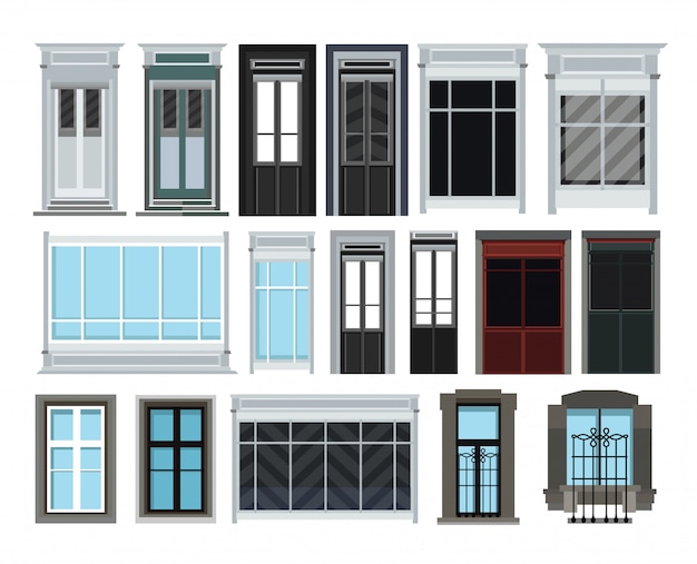 Vector conjunto de ventanas y puertas aislado en blanco