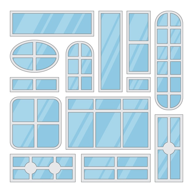 Conjunto de ventanas de ventanas aisladas con marcos elementos interiores arquitectura callejera dibujos animados objetos simples