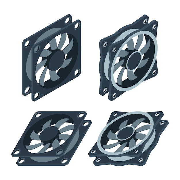 Conjunto de ventilador de computadora isométrico enfriador de ventiladores de computadora Isométrico del ventilador de la caja de la PC Componentes de hardware de la computadora Ilustración vectorial