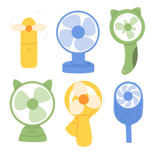 Conjunto de ventilador de mesa ventilador de mano en estilo plano Ilustración vectorial moderna de un ventilador eléctrico