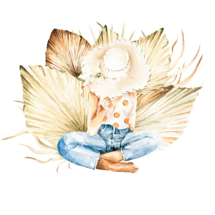 Vector conjunto de verano acuarela chica de moda pintada a mano con sombrero con hojas de palma tropicales secas romántico