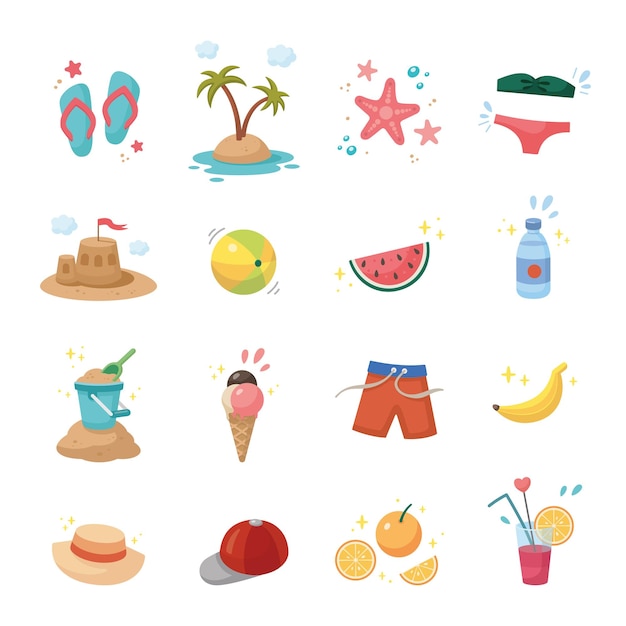 Conjunto de verano Colección de lindos iconos de verano Elementos de horario de verano Colección de elementos para fiesta en la playa