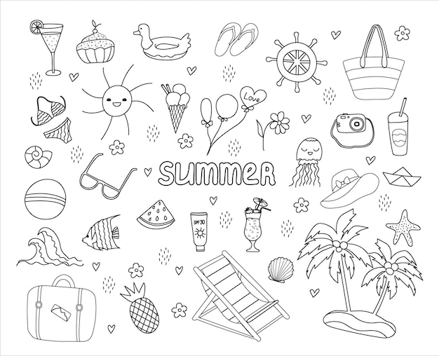 Conjunto de verano doodle ilustración vectorial hecha a mano