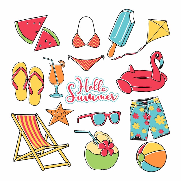 Conjunto de verano icono vector dibujado a mano