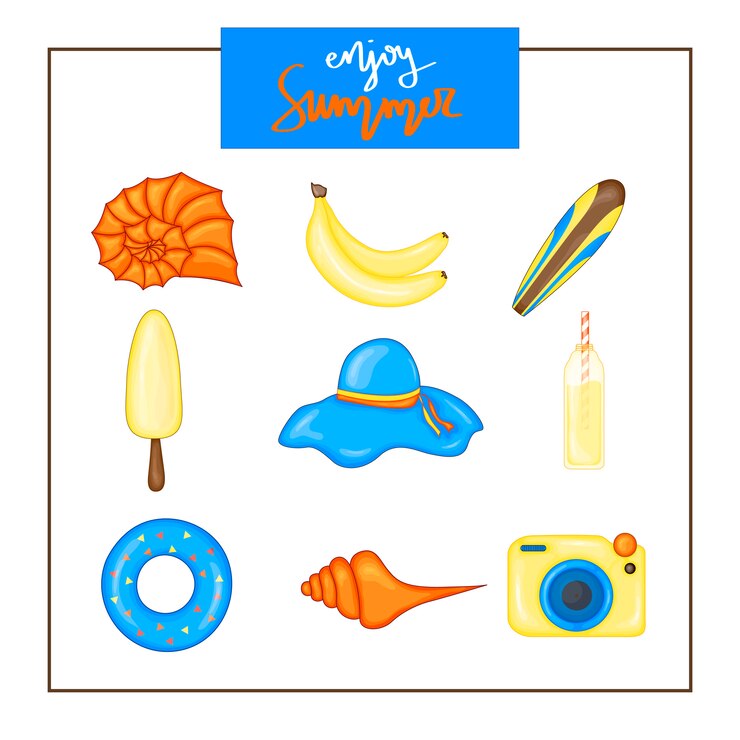 Vector conjunto del verano de items en un fondo blanco. viajes, playa y comida deliciosa.