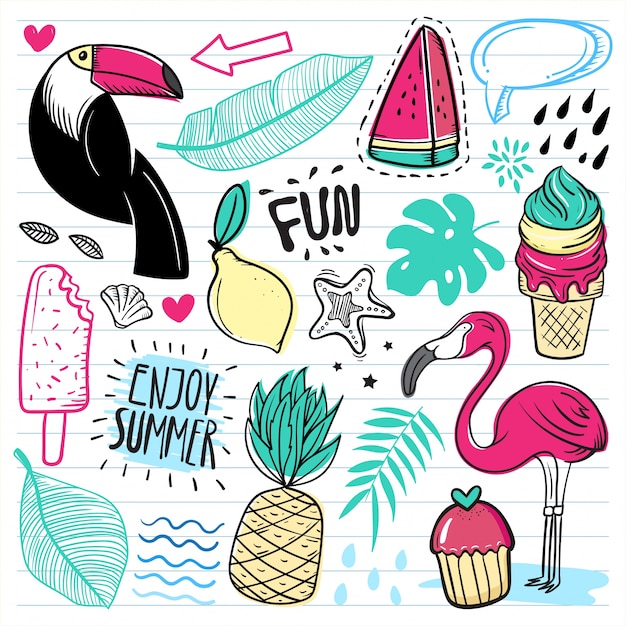 Conjunto de verano lindo doodle sobre papel