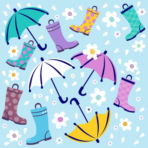 Conjunto de verano paraguas y botas de lluvia con flores ilustración vectorial